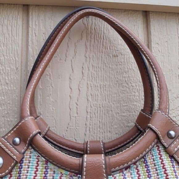 Fossil Bucket Bag Tote Boho Retro Rainbow Striped Tapestry Round Top Handle Sz L - Picture 7 of 14